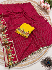 Karwachouth Special Golden Zari & Multicoloured Thread Work Saree