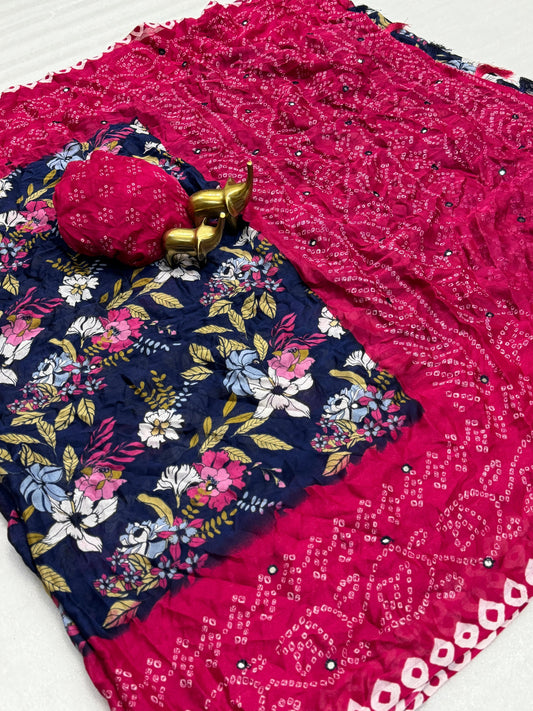 Beauty Luxurious Pure Moss Flowers With Bandhani  Saree