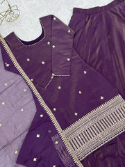 Elegant Wine Purple Chanderi Silk Embroidery Kurta Lehenga Set With  Dupatta