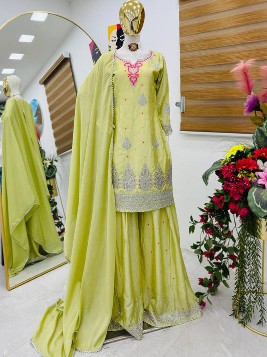Designer Party-wear Chinon Silk Embroidery & Sequence Work Sharara