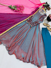 Party-wear Fendy Silk Gown Pant & Dupatta Set