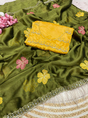 Beautiful Rangoli Silk With Multi Embroidery With Real Mirror Work Saree