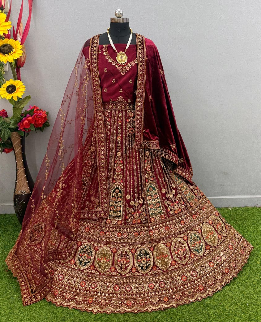 Bridal Special Velvet Zarkan Diamond Work Lehenga Choli
