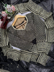 Beautiful Black Tibby Silk Sequence With Thread Work Saree