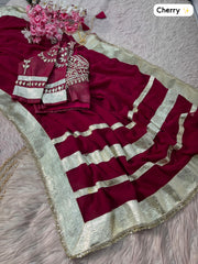 Beautiful Georgette Gotalace Border In Whole Saree With Stitched Blouse