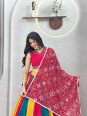 Navratri Special Cotton Hand Mirror Work & Thread Work Lehenga With Stitched Choli