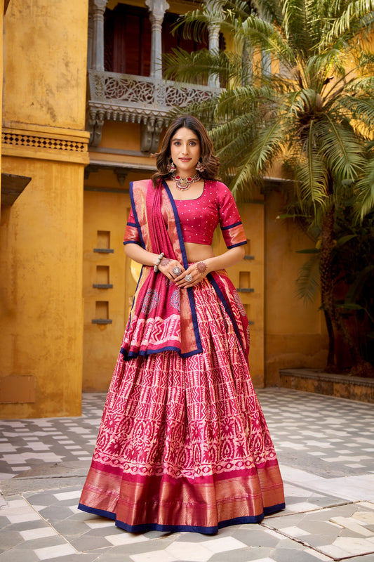 Beautiful Dola Silk Batik Printed With Zari Weaving Work Lehenga Choli