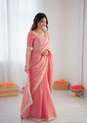 Elegant Fendy Silk Lace Border Peach Pink Ready-to-Wear Saree