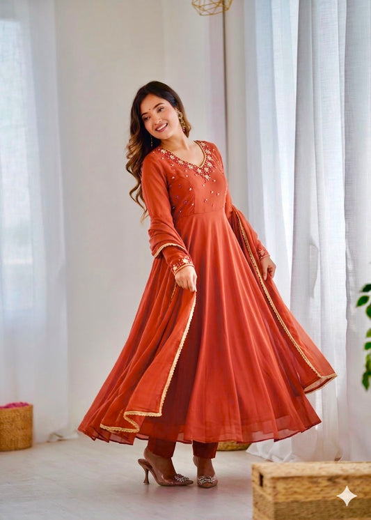 Party-wear Georgette Handwork Neck Sleeves Gown