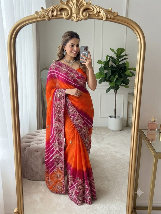 Saavan Special Multi Lehriya Mukaish & Sequence Work Saree