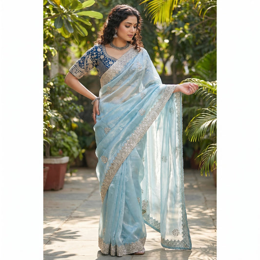 Designer Fendy Satin Embroidery Sequence Work Saree