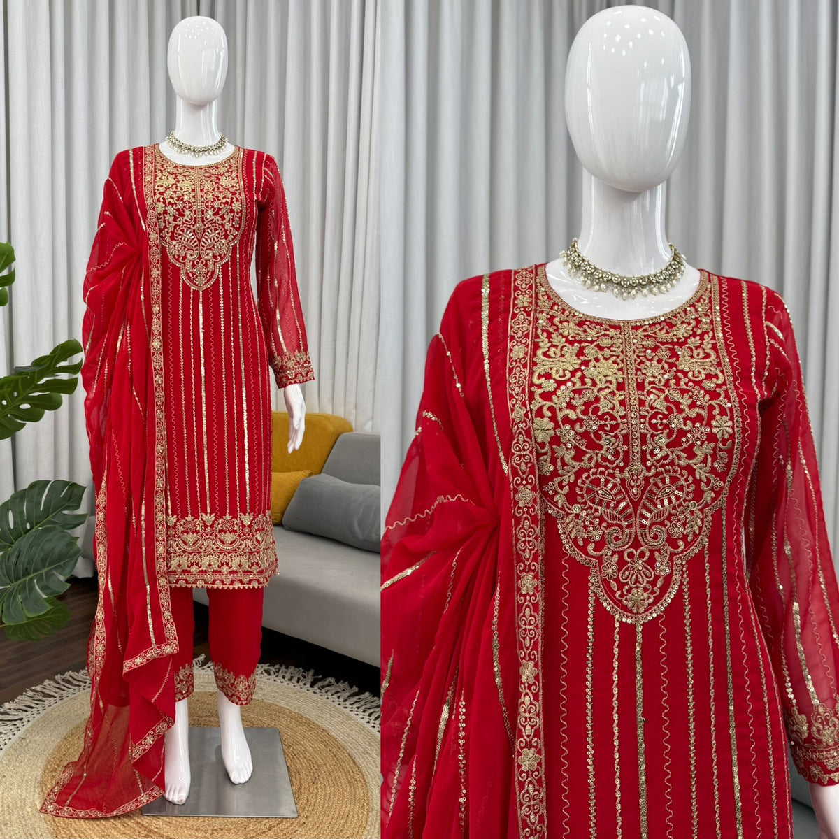 Attractive Red colour Georgette Work Salwar Suit