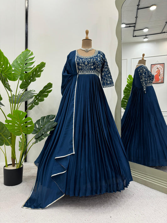 Attretive Chinon Silk Real Mirror Work Gown