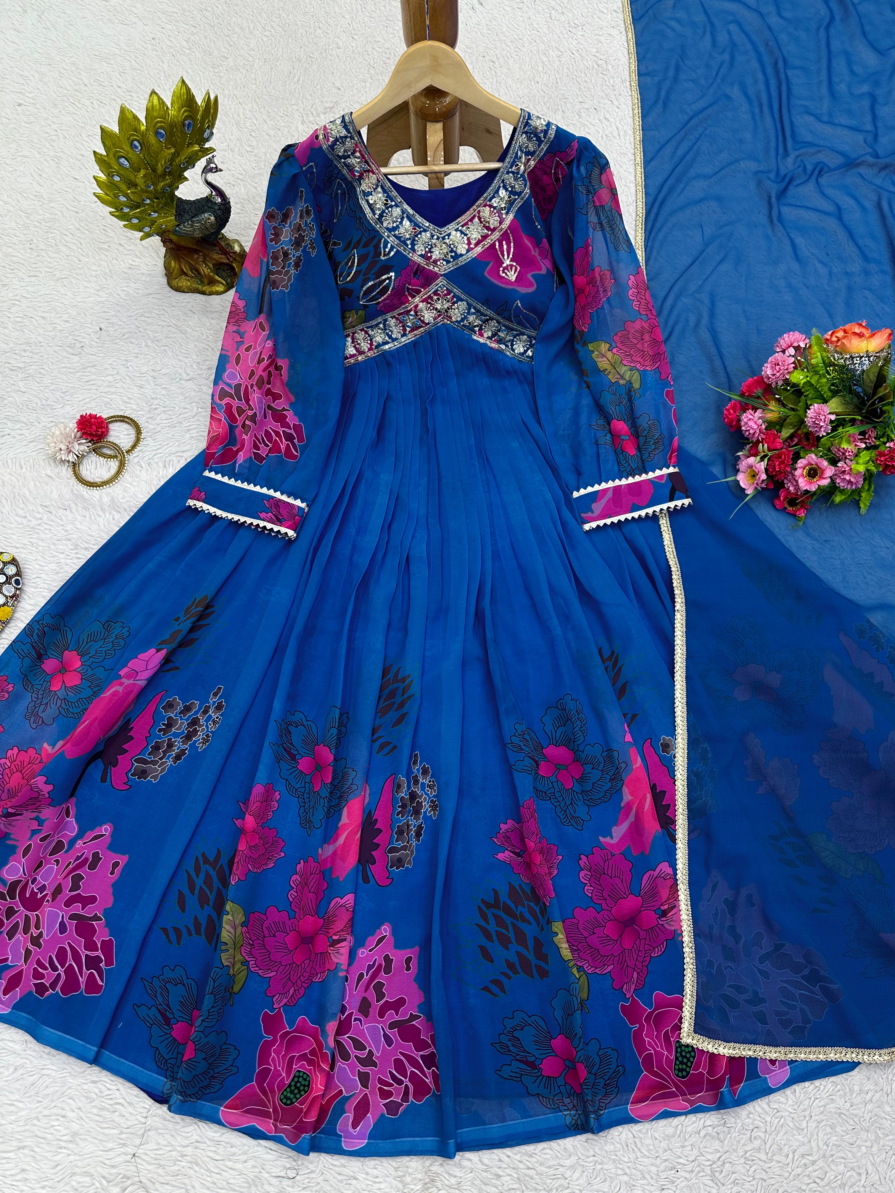 Beautiful Designer Georgette Digital Print With Thread & Sequence Work Gown