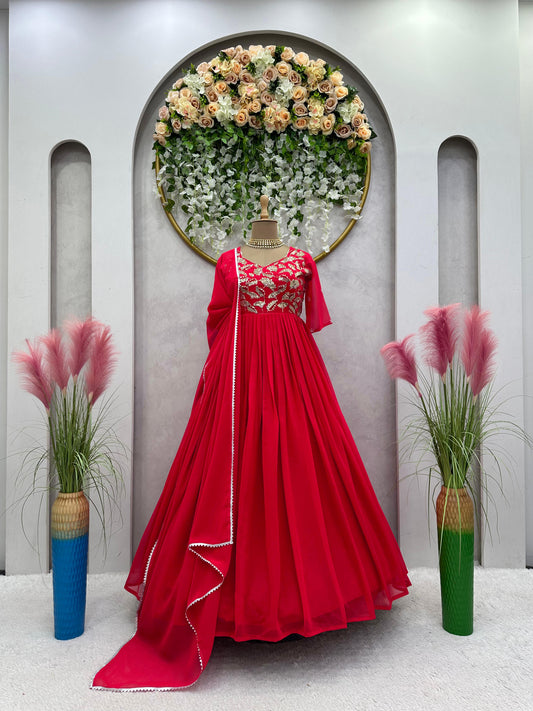 Stunning Red Georgette Thread With Sequence Work Gown