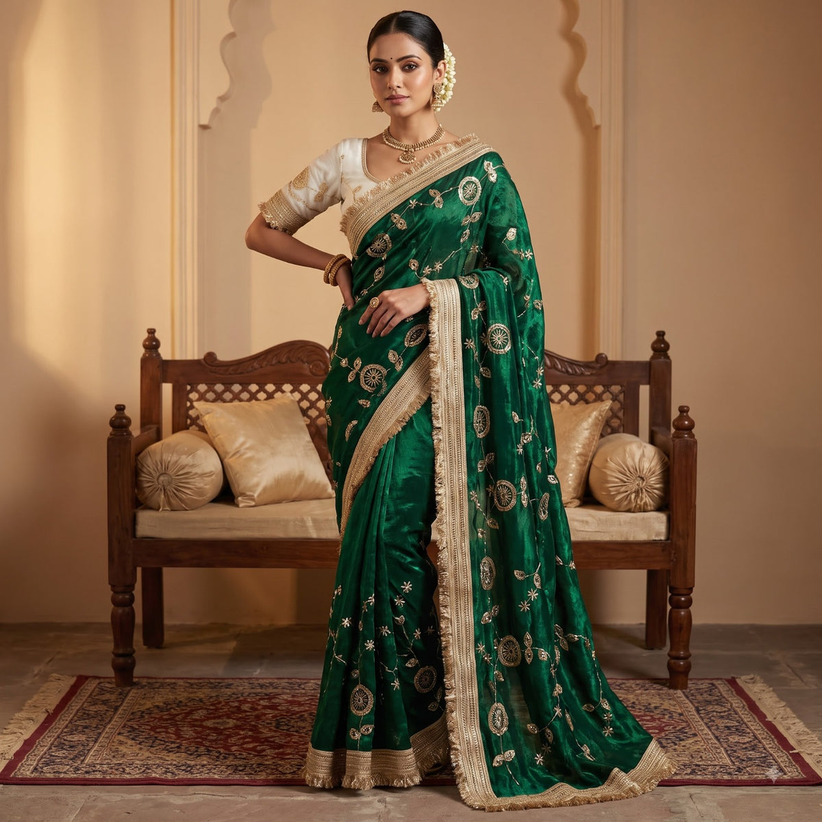 Designer Pure Space Silk Gold Beeds Work Saree