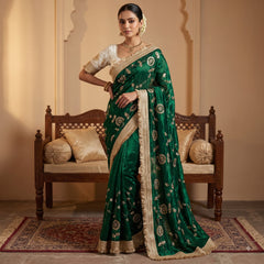 Designer Pure Space Silk Gold Beeds Work Saree
