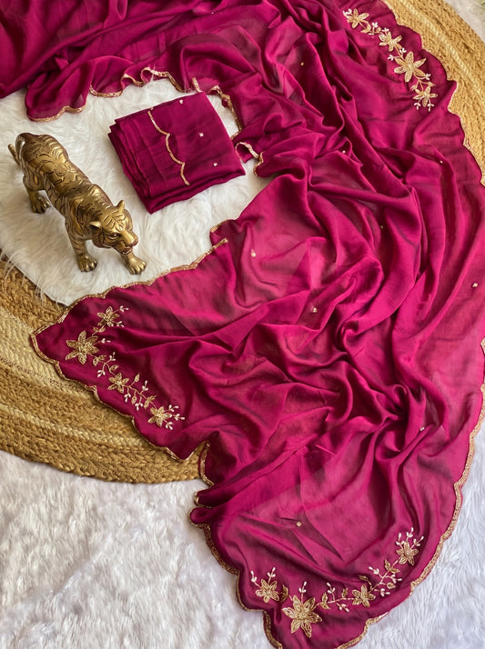 Party-wear Double Shade Crush Silk Cutdana Border Work Saree