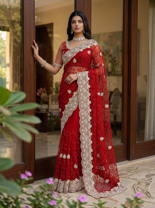 Party-wear Net Embroidery With Pearls Diamond Work Saree