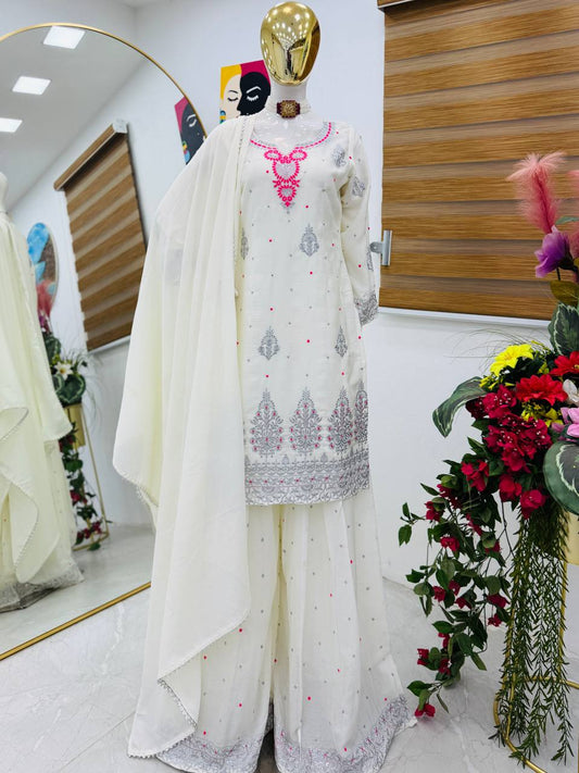 Designer Party-wear Chinon Silk Embroidery & Sequence Work Sharara