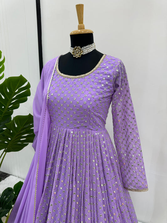 Beautiful Designer Lavender Georgette Thread With Sequence Work Gown