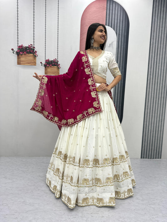 Festive Special Chinon Silk Embroidery Sequence Work Lehenga With Stitched Blouse