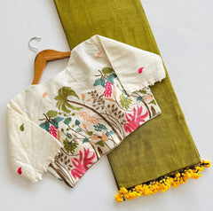 Beautiful Khadi Cotton Saree With Heavy Embroidery Work Stitched Blouse