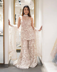 Party-wear Hunter Butterfly Net  Neck Kurta & Palazzo Set