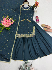 Partywear Chinon Silk Embroidery Sequence & Moti Work Sharara