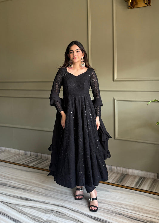 Beautiful Soft Georgette Luckhnowi Sequence Thread Work Anarkali Suit