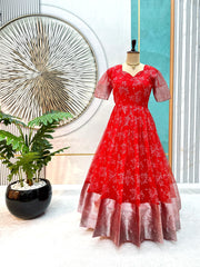Trending Full Stitched Organza Silk With Full Flair Foil Work Gown