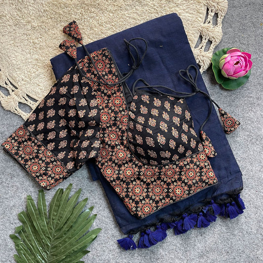 Beautiful Khadi Cotton Silk Saree With Designer Ready-made Ajrakh Cotton Blouse