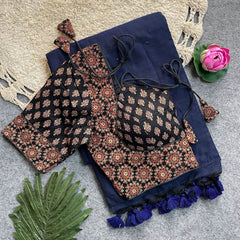 Beautiful Khadi Cotton Silk Saree With Designer Ready-made Ajrakh Cotton Blouse