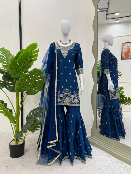 Beautiful Designer Chinon Silk Thread With Sequence Work Sharara
