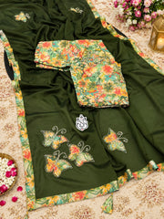 Elegant Chinon Silk Saree With Butterfly Handwork & fancy Lace Border Saree