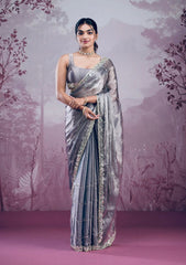 Trending Party-wear Soft Burberry Silk Embroidery & Real Mirror Hand Work Saree