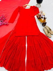 Party-wear Georgette Lace Work Top Palazzo & Dupatta Set