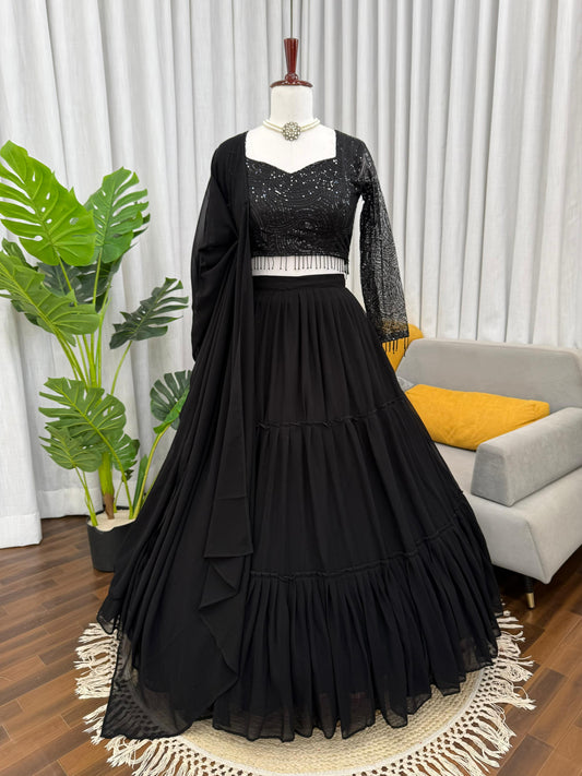 Trendy Black Ruffle Style  Georgette Work Lehenga Choli