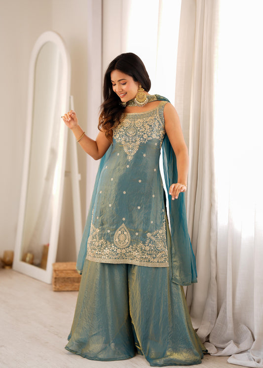 Party-wear Fendy Silk Embroidery Sequence & Zari Work Sharara