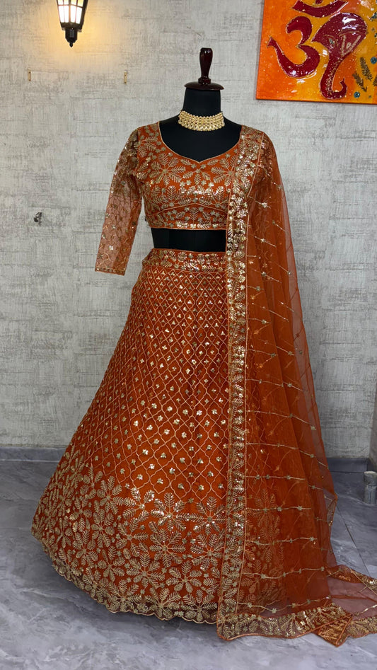 Party-wear Flared Butterfly Net Embroidery & Sequence Work Lehenga Choli