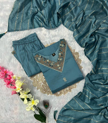 Beautiful Roman Silk With Embroidery With Sequence Work Denim Blue Dress