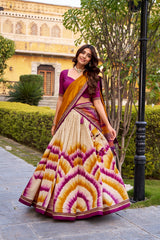 Beautiful Tasar Silk Tie And Dye Printed Lehenga Choli