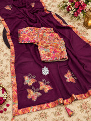 Elegant Chinon Silk Saree With Butterfly Handwork & fancy Lace Border Saree