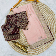 Beautiful Soft Rangoli Sequence Embroidery Work Saree With Stitched Blouse