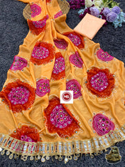 Beautiful Chinon Silk Mirror Handwork Saree