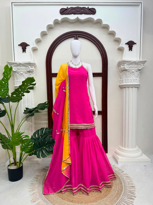 Elegant Ethnic Georgette Digital Print With Real Mirror Work Sharara Set