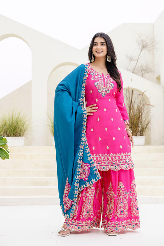 Party-wear Chinon Silk Embroidery Codding Sequence Work Suit