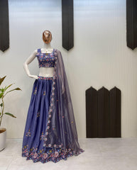 Beautiful Chinon Silk Multi Thread Sequence Embroidery Work Lehenga With Koti