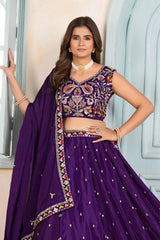 Party-wear Purple Chinon Silk Embroidery Sequence & Thread Work Lehenga