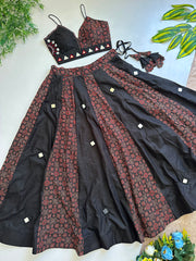 Navratri Special Ajrakh Cotton With Slub Cotton Mirror Work Lehenga With Stitched Blouse
